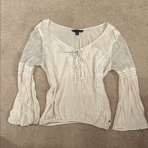 American Eagle Outfitters Cream Lace-Trim Peasant Blouse